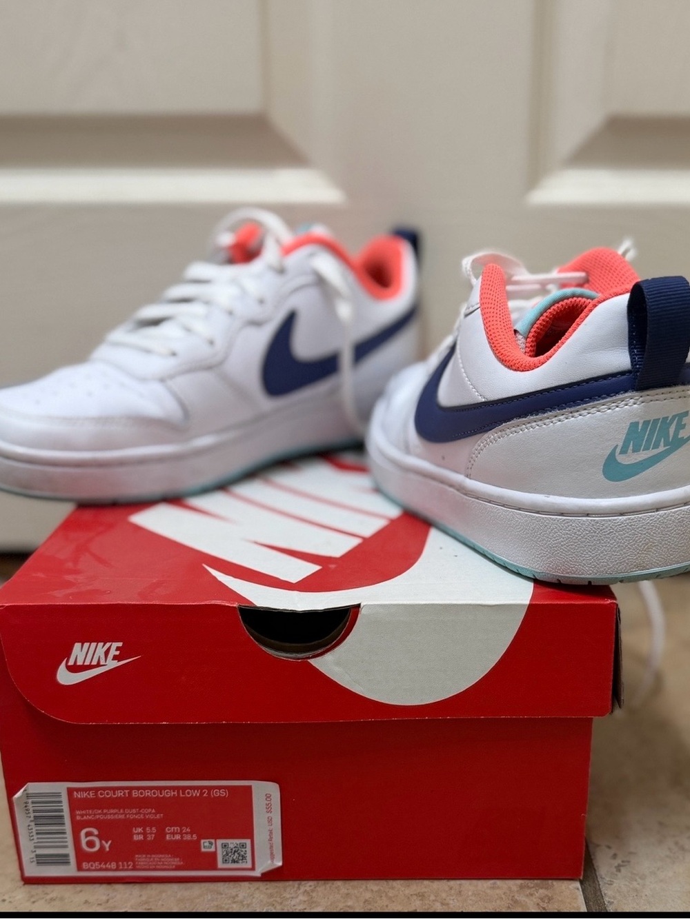 Nike Court Borough Low 2 White Sneakers with Navy Swoosh, Turquoise Coral Lining
